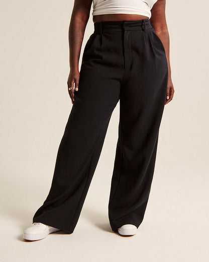 Women's High-Waisted Straight Trousers with Pockets - Wide-Leg Casual Pants