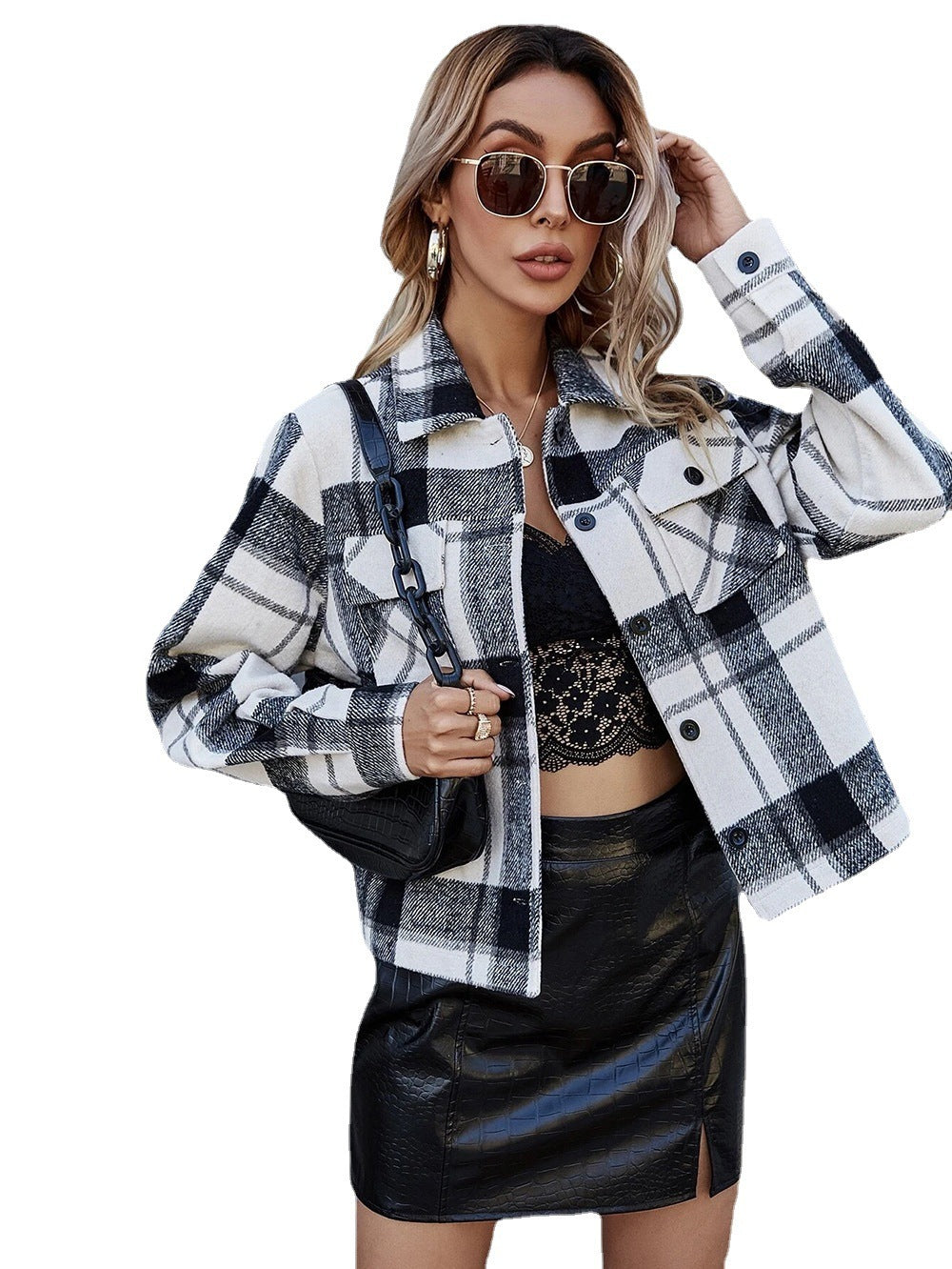 Women's Single-Breasted Wool Plaid Short Coat