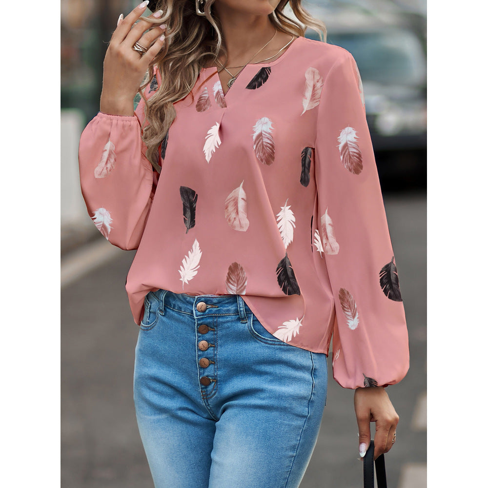 Feather Print Long Lantern Sleeve Top