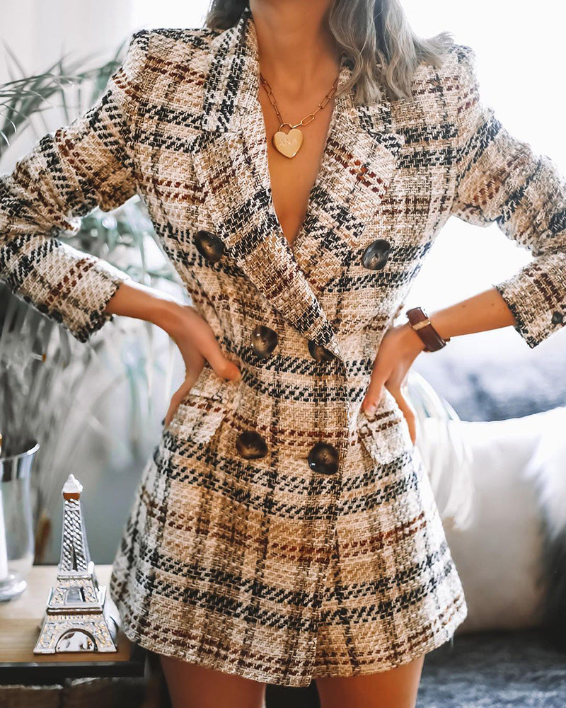 Women's Double-Breasted Plaid Woolen Coat