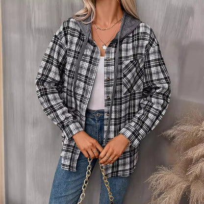 Women's Casual Hooded Plaid Shirt