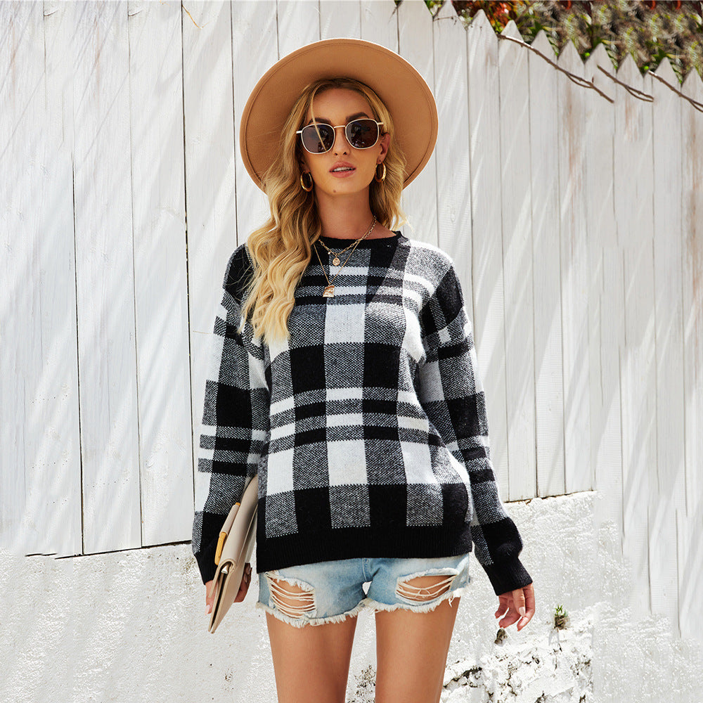 Women's Plaid Pattern Pullover Sweater