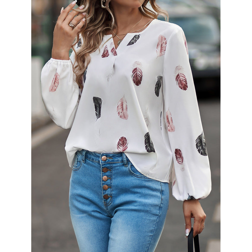 Feather Print Long Lantern Sleeve Top