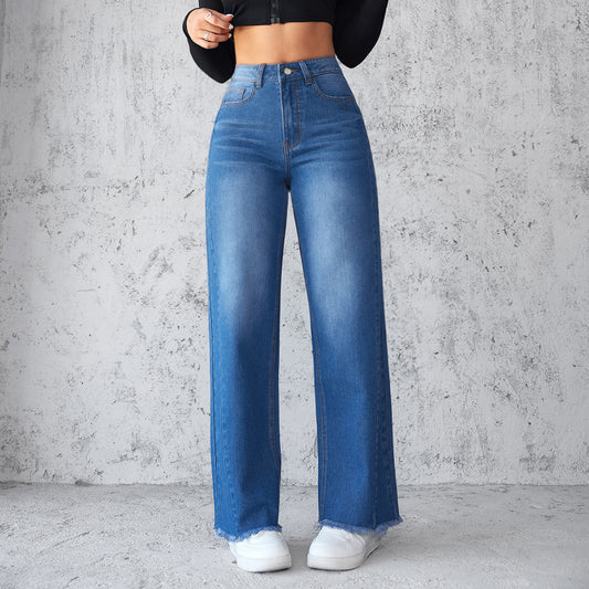 Women's High-Waisted Straight Wide-Leg Jeans - Casual Non-Elastic Denim