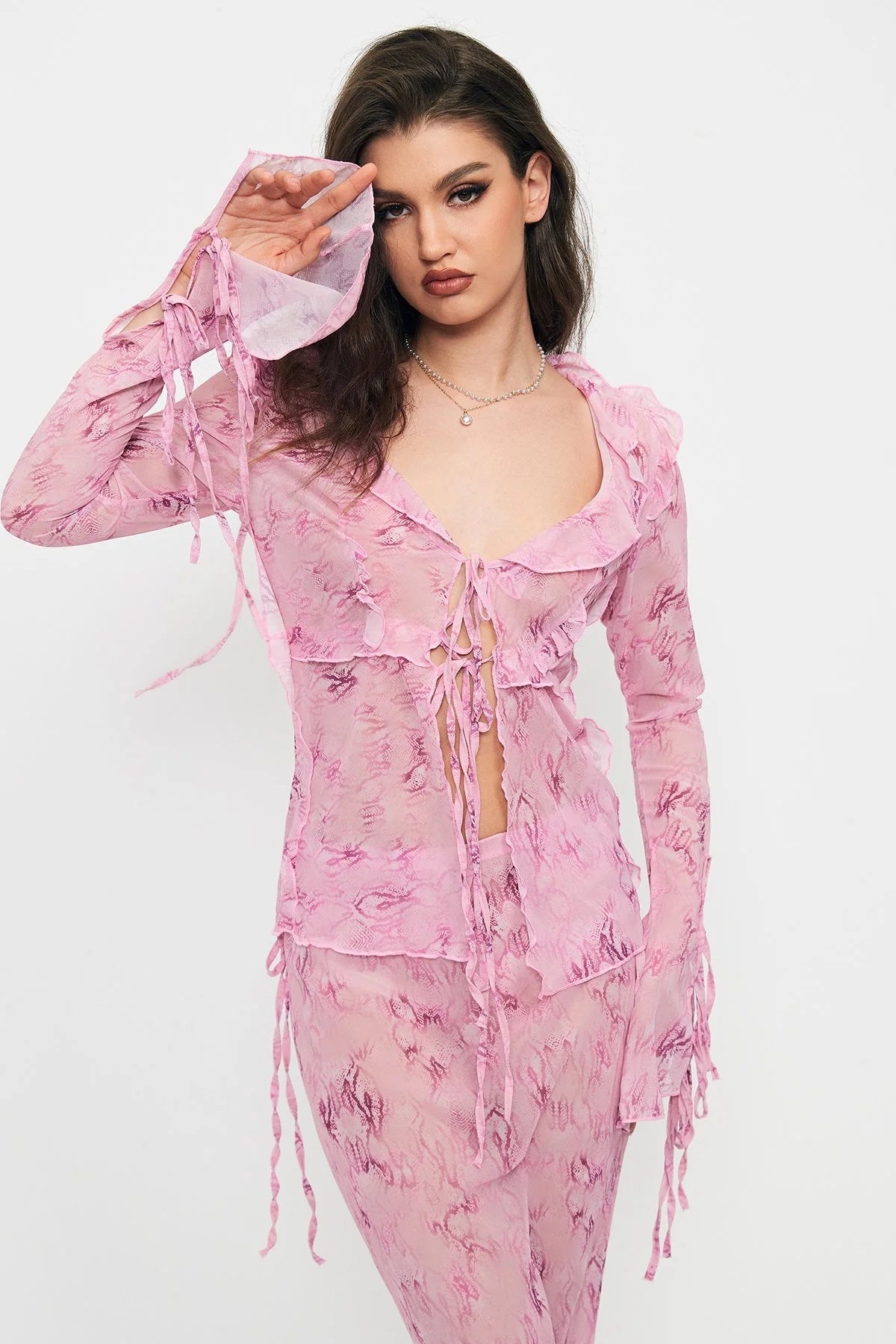 Women's Strappy Lace V-Neck Top & Chiffon Printed Dress Suit