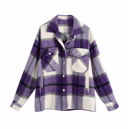 Women's Casual Plaid Woolen Shirt Jacket