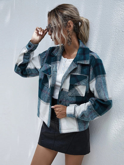 Women's Single-Breasted Wool Plaid Short Coat