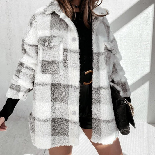 Women's Autumn & Winter Long Sleeve Plaid Coat with Double Pockets