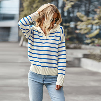 Women's Striped Long Sleeve V-Neck Pullover Top