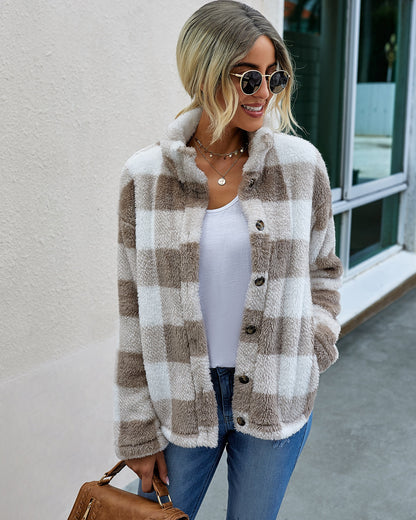 Women's Plaid Plush Cardigan Coat