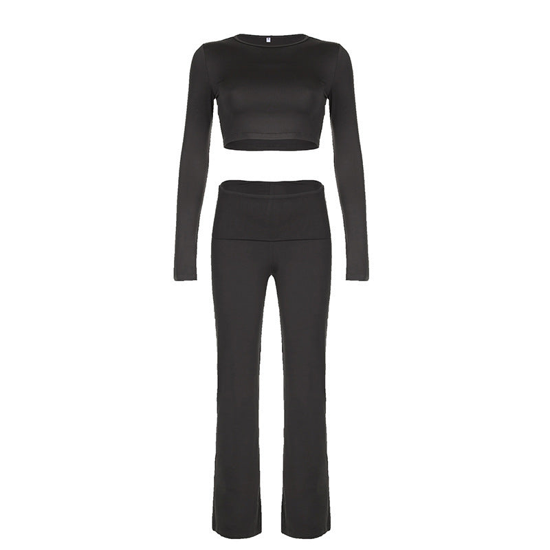 Women's Round Neck Short Top & Bootcut High-Waist Trousers Yoga and Fitness Two-Piece Set