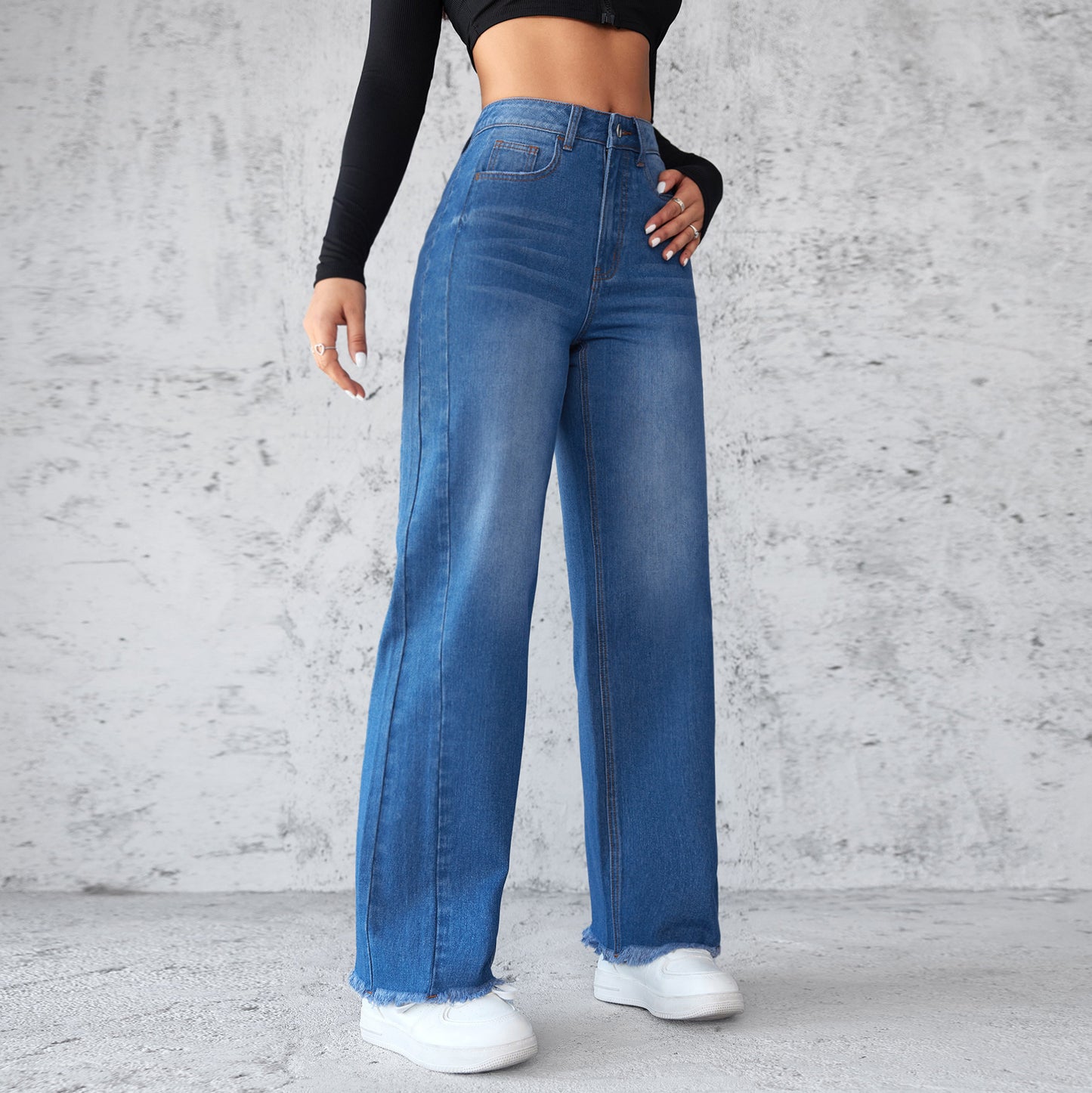 Women's High-Waisted Straight Wide-Leg Jeans - Casual Non-Elastic Denim