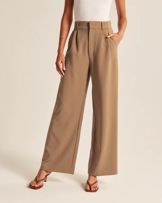 Women's High-Waisted Straight Trousers with Pockets - Wide-Leg Casual Pants