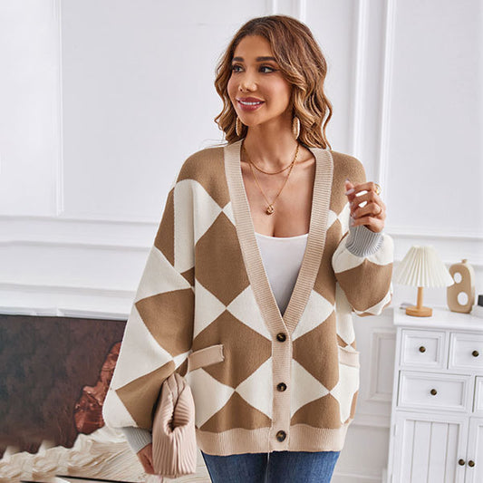 V-Neck Geometric Plaid Knitting Cardigan Coat for Women