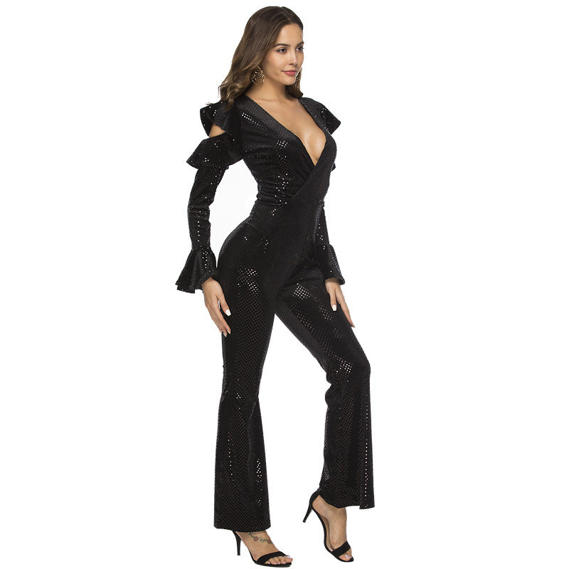 Deep V-Neck Black Jumpsuit – Elegant and Form-Fitting