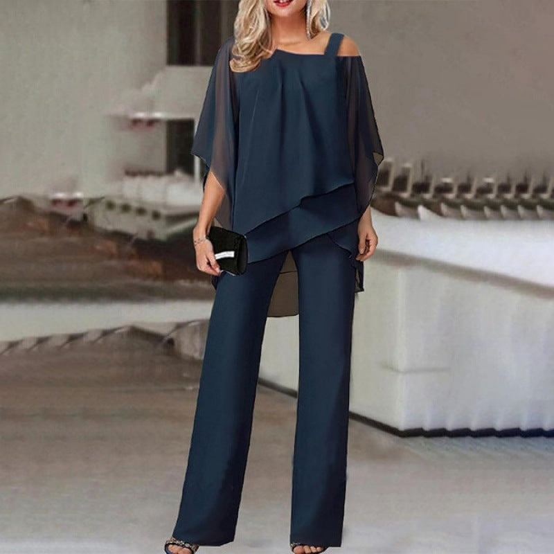 Batwing Sleeve Top & Straight Trousers Women's Irregular Suit