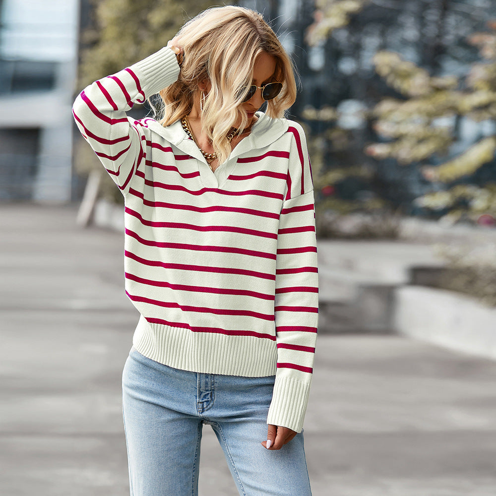 Women's Striped Long Sleeve V-Neck Pullover Top