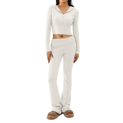 2-Piece Women's Hooded Knitted Cardigan & High-Waisted Trousers Set