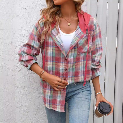 Women's Casual Hooded Plaid Shirt