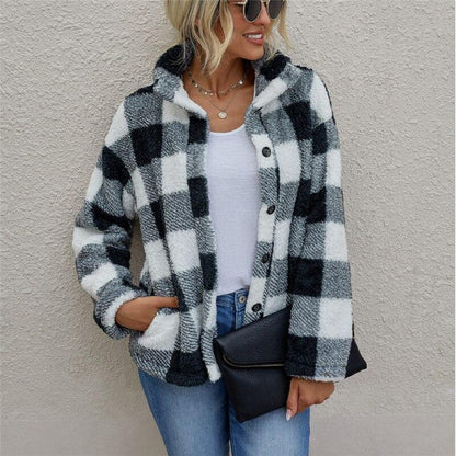 Women's Plaid Plush Cardigan Coat