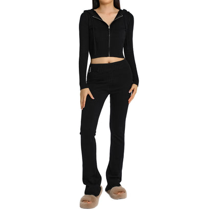 2-Piece Women's Hooded Knitted Cardigan & High-Waisted Trousers Set