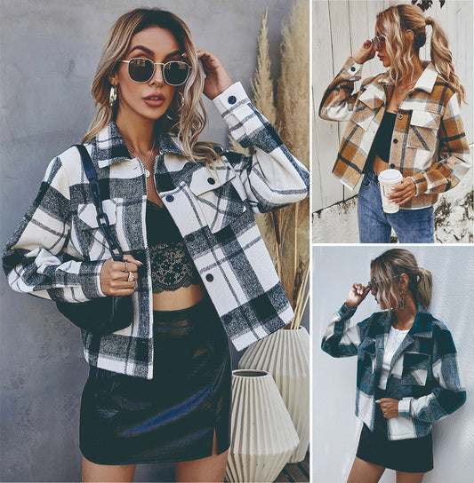 Women's Single-Breasted Wool Plaid Short Coat