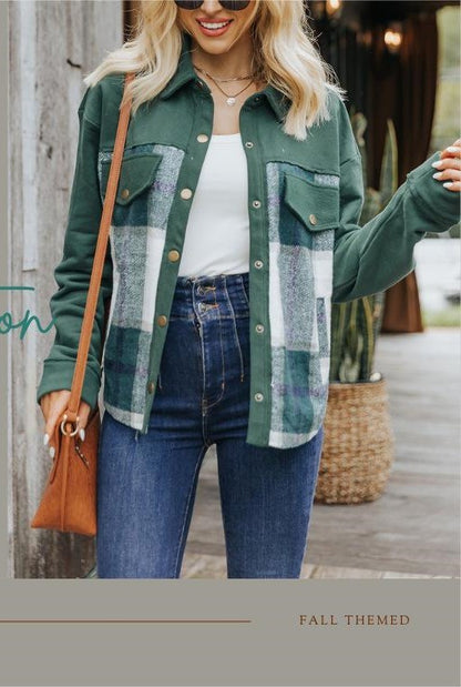 Women's Dark Green Woolen Plaid Multi-Pocket Jacket Shirt