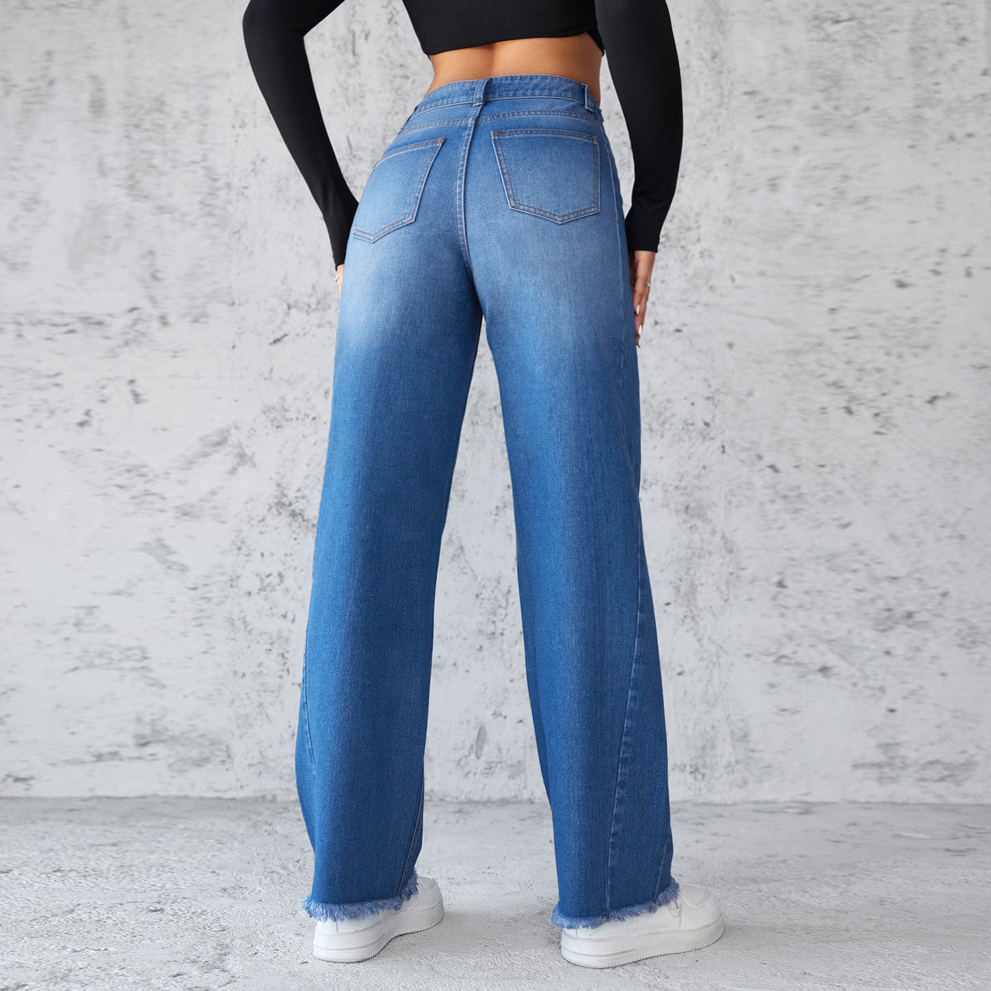 Women's High-Waisted Straight Wide-Leg Jeans - Casual Non-Elastic Denim