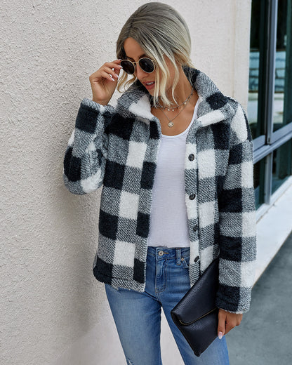 Women's Plaid Plush Cardigan Coat