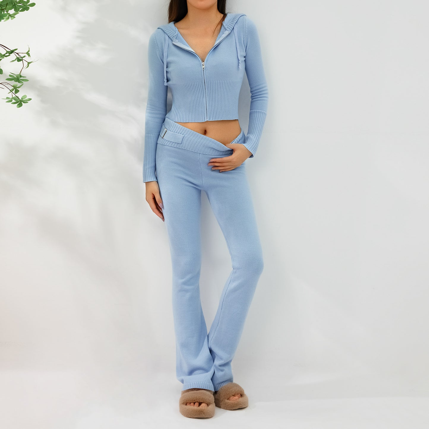 2-Piece Women's Hooded Knitted Cardigan & High-Waisted Trousers Set