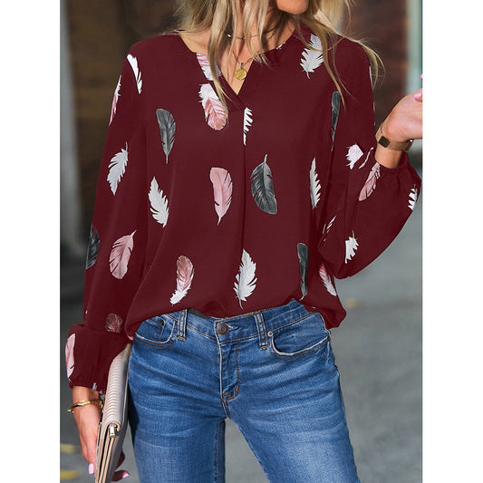 Feather Print Long Lantern Sleeve Top