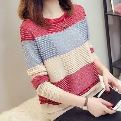 Stylish Style Color-Block Striped Long Sleeve Top