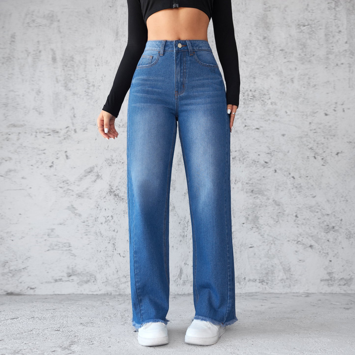 Women's High-Waisted Straight Wide-Leg Jeans - Casual Non-Elastic Denim