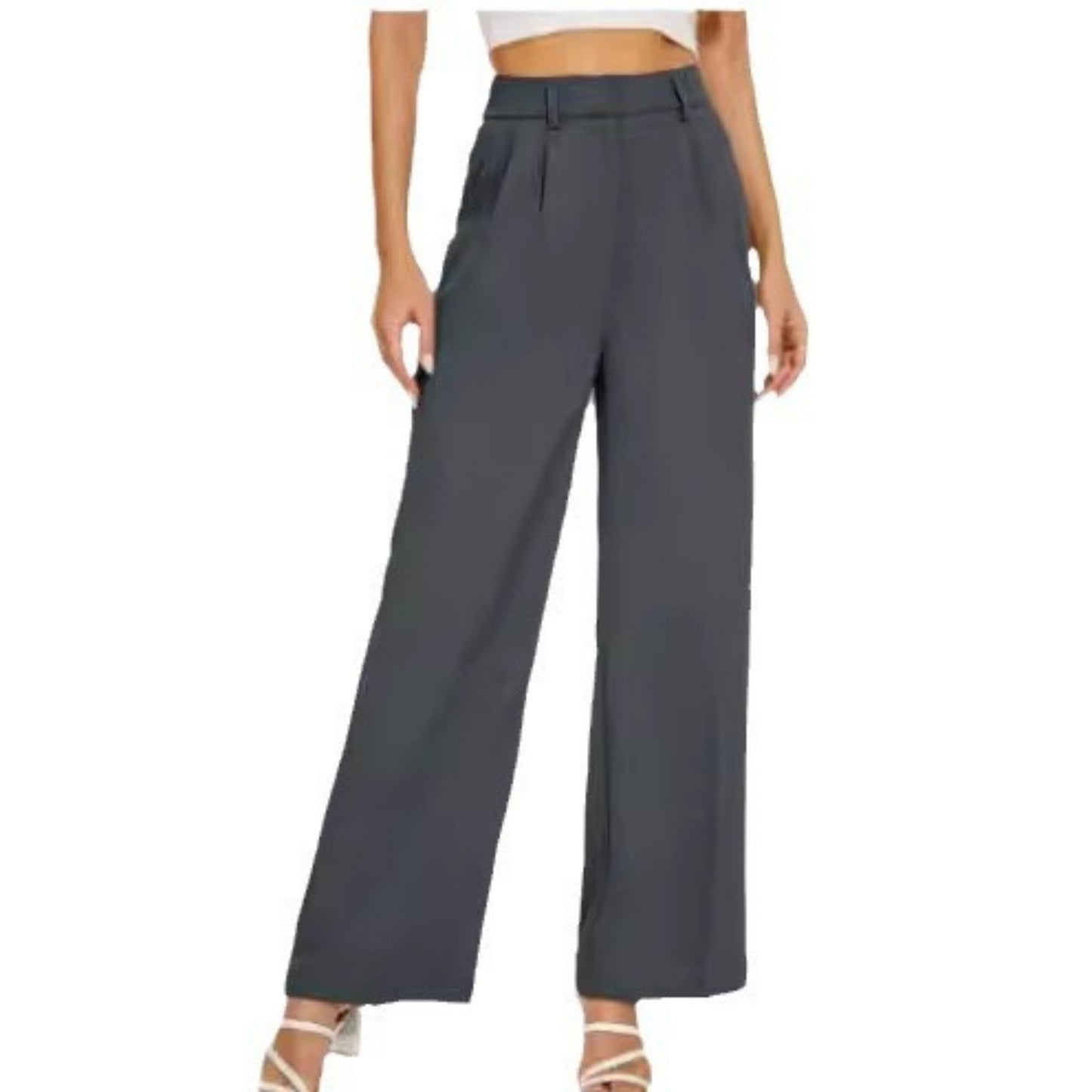 Women's High-Waisted Straight Trousers with Pockets - Wide-Leg Casual Pants