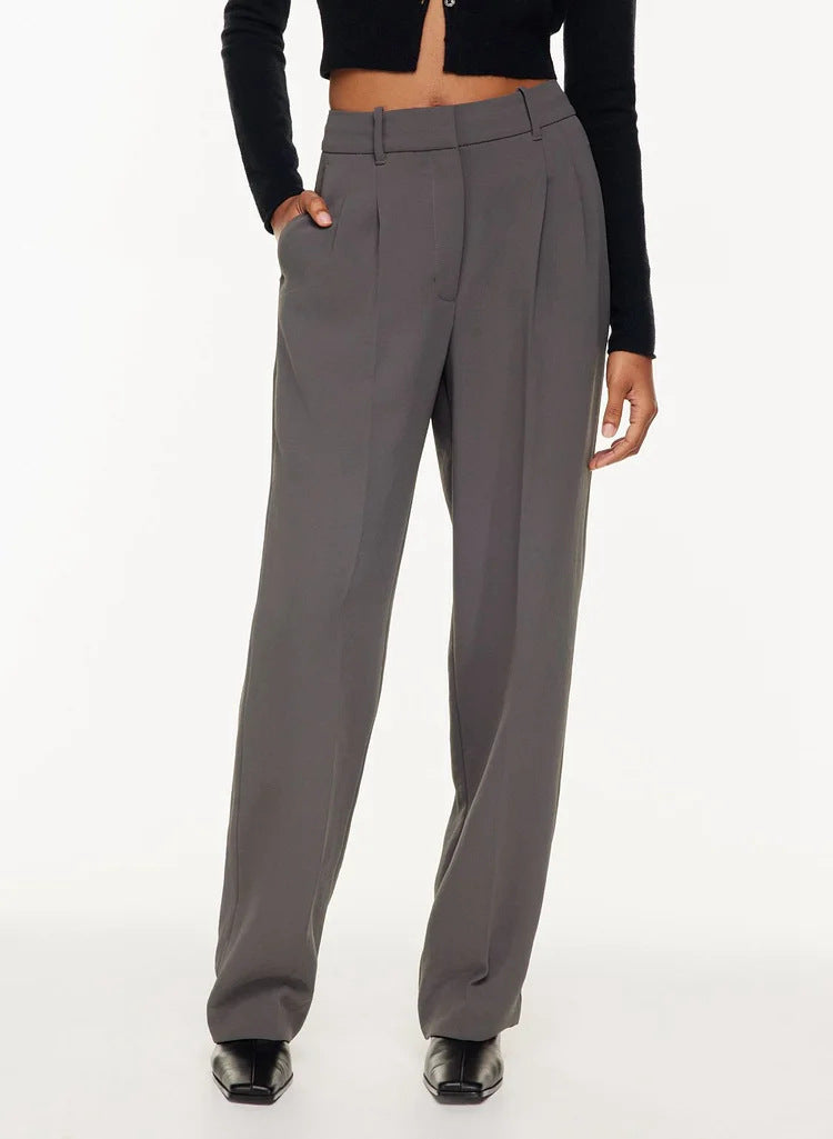 Women's High-Waisted Straight Trousers with Pockets - Wide-Leg Casual Pants