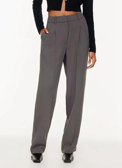 Women's High-Waisted Straight Trousers with Pockets - Wide-Leg Casual Pants