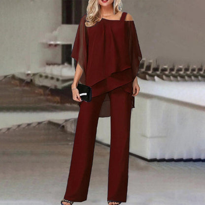 Batwing Sleeve Top & Straight Trousers Women's Irregular Suit