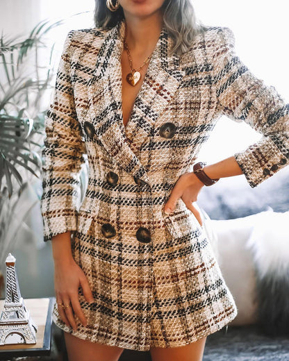 Women's Double-Breasted Plaid Woolen Coat