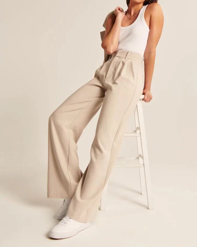 Women's High-Waisted Straight Trousers with Pockets - Wide-Leg Casual Pants