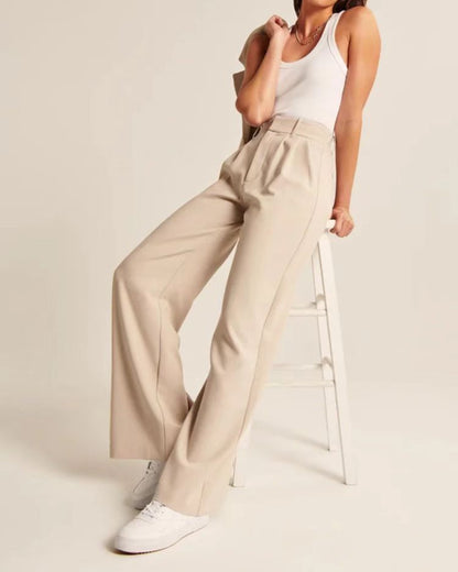 Women's High-Waisted Straight Trousers with Pockets - Wide-Leg Casual Pants