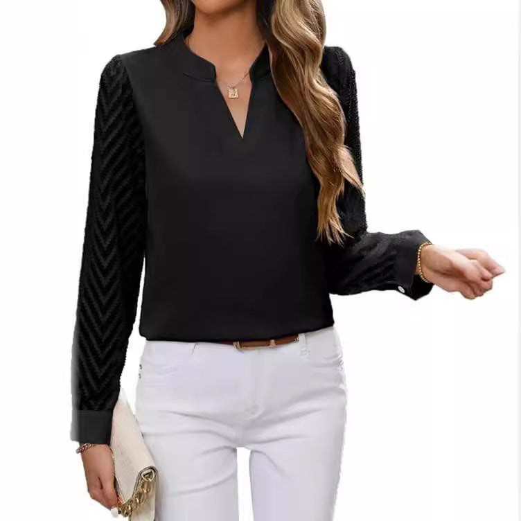 Chiffon Patchwork V-Neck Long Sleeve Shirt