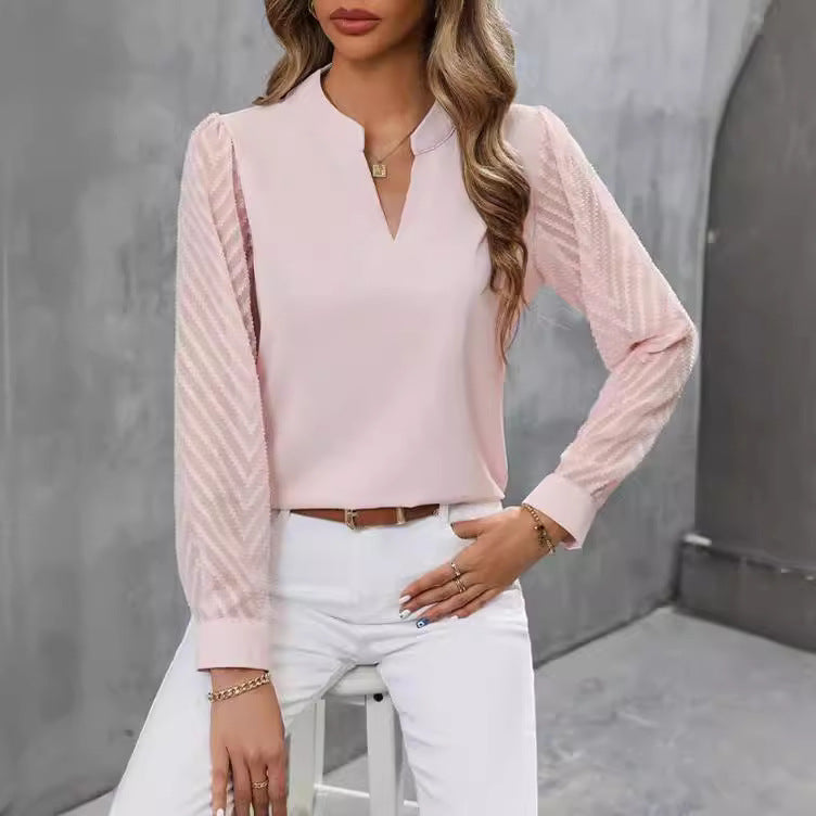 Chiffon Patchwork V-Neck Long Sleeve Shirt