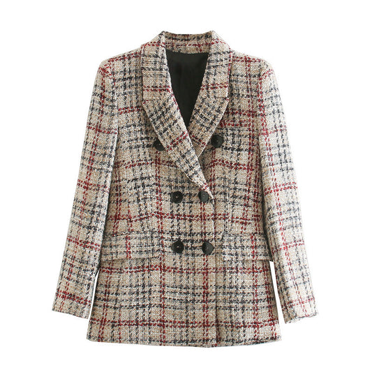 Slim Fit Plaid Woolen Blazer for Women