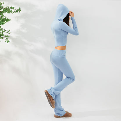 2-Piece Women's Hooded Knitted Cardigan & High-Waisted Trousers Set