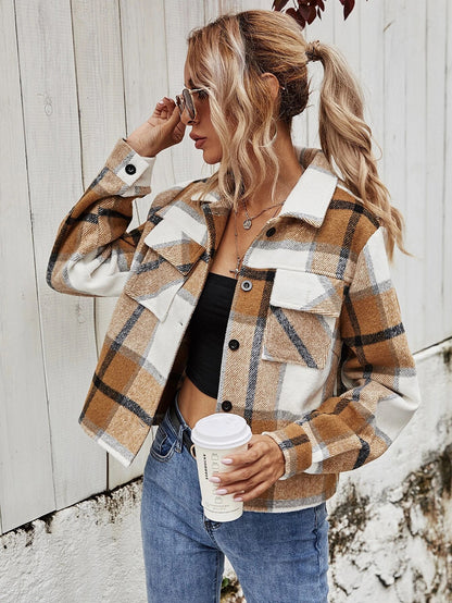 Women's Single-Breasted Wool Plaid Short Coat