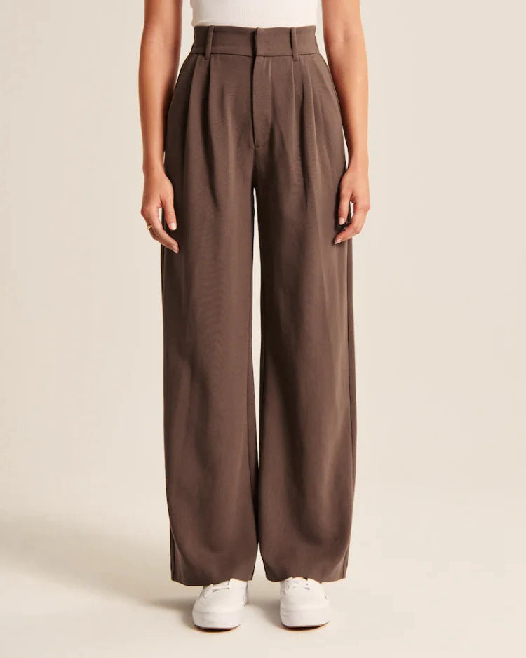 Women's High-Waisted Straight Trousers with Pockets - Wide-Leg Casual Pants