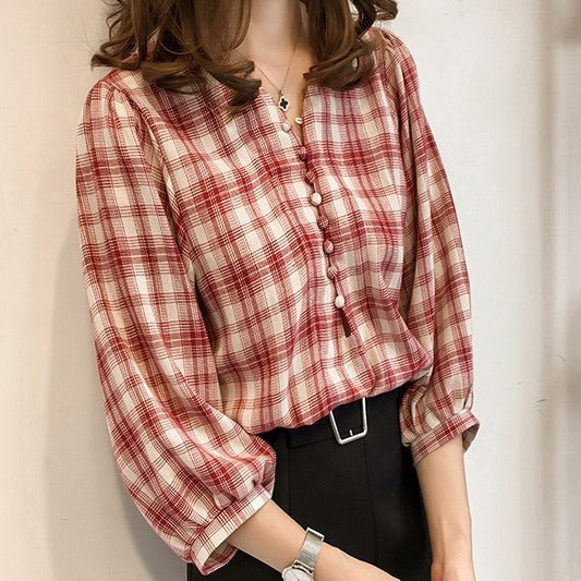 Loose Fit Lantern Sleeve Plaid Shirt