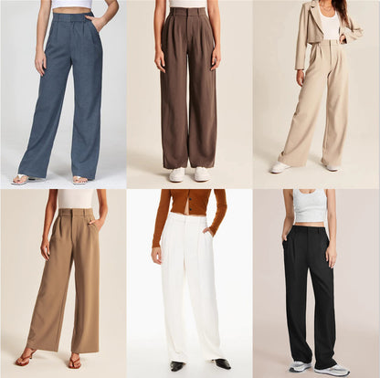 Women's High-Waisted Straight Trousers with Pockets - Wide-Leg Casual Pants