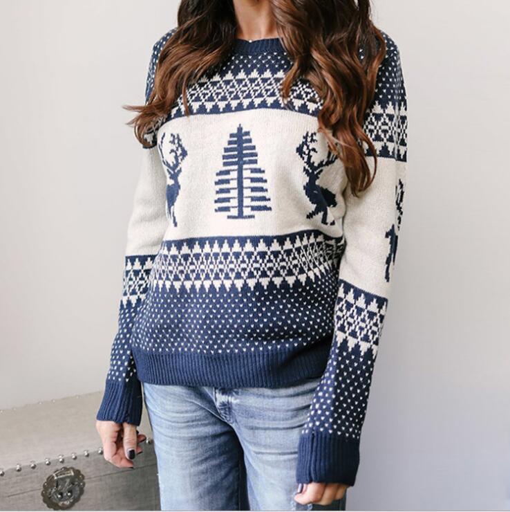 Women's Christmas Sweater – Cute Elk Geometric Print Pullover