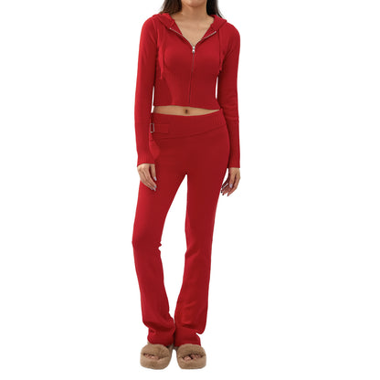 2-Piece Women's Hooded Knitted Cardigan & High-Waisted Trousers Set